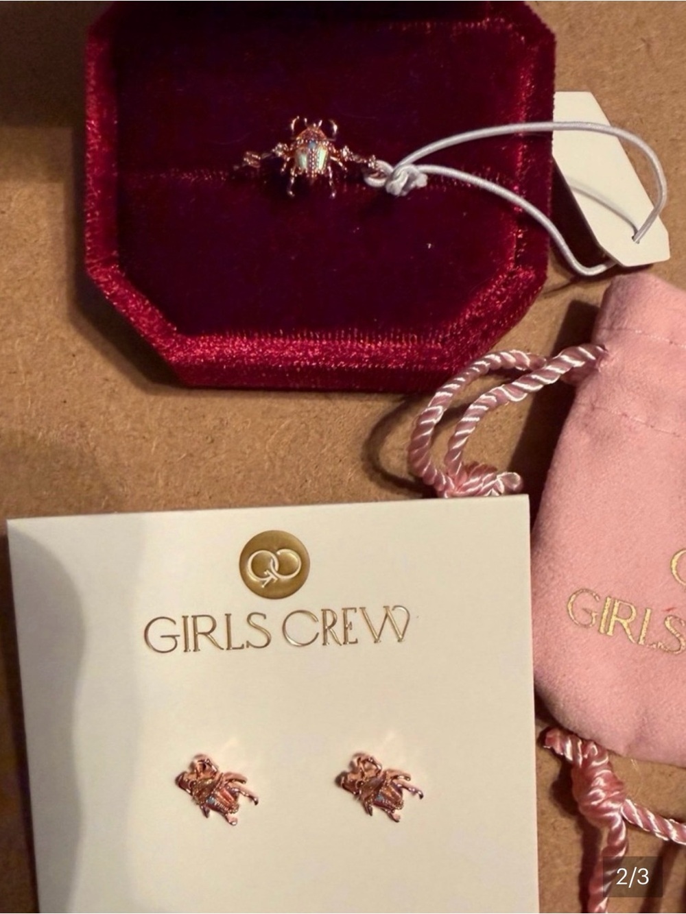 Girls Crew Rose Gold Beetlejuice ring and stud earrings.